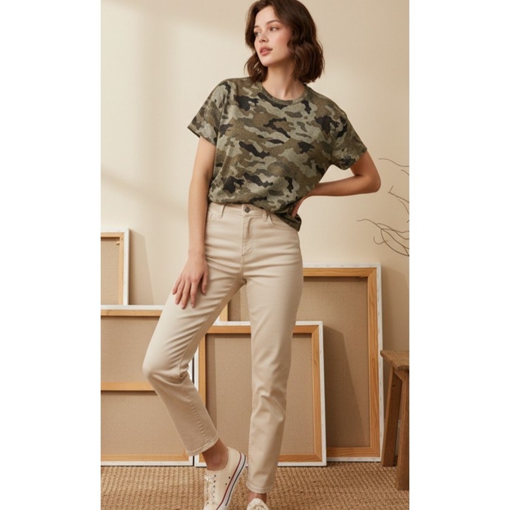 Zara Womens Small Camouflage Short Sleeve Crew Neck Boxy Relaxed Fit T-Shirt
